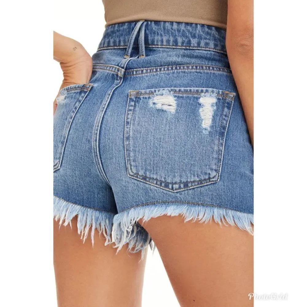 Revolve Good American Bombshell Chewed Denim Fringe Jean Shorts